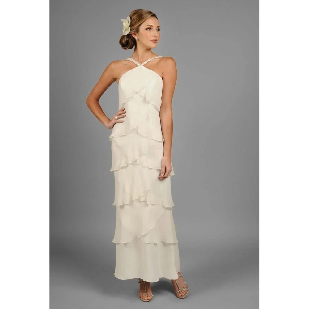 Daymor Couture 3451 Ivory Beaded Halter Tiered Sheath Shift Evening Dress  Sz 10